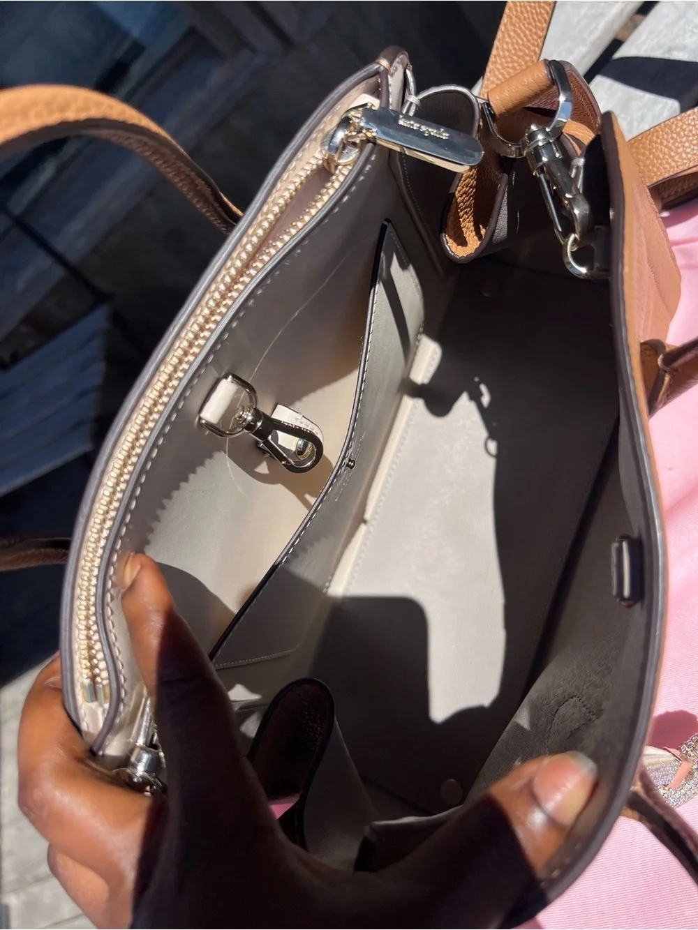 kate spade tan leather satchel with crystal heart charm